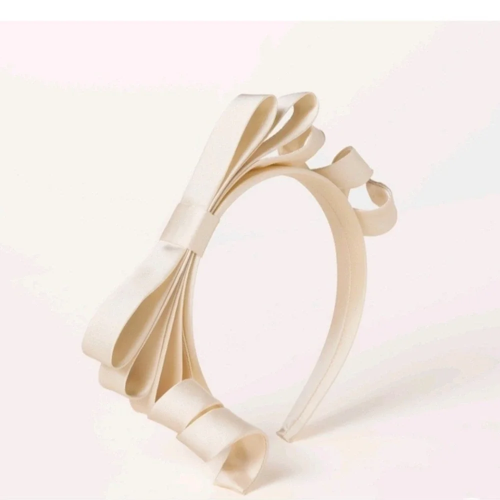 Girls Cream Satin Multi Loop Bow Headband Wedding Flower Girl Hair Accessory